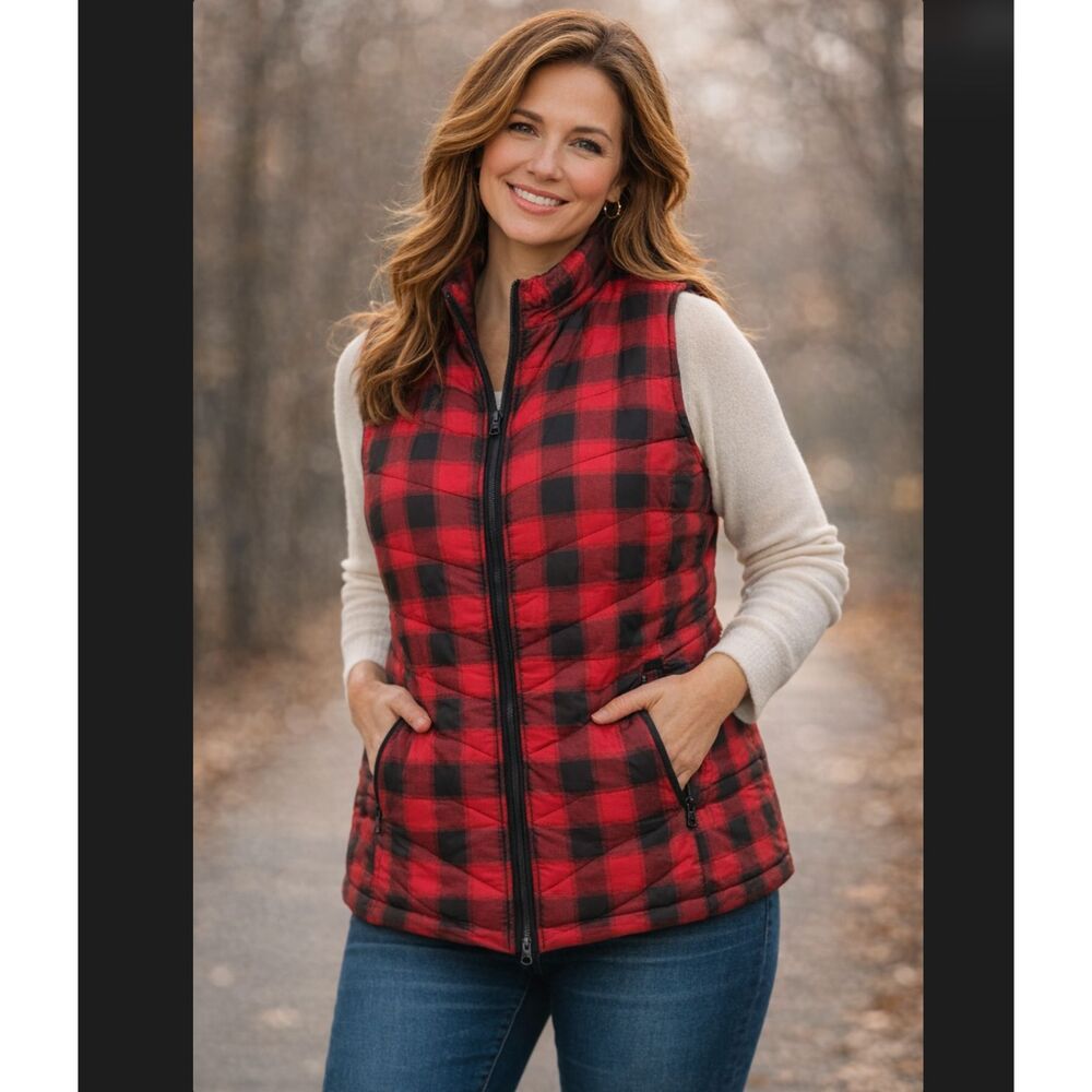 J Jill Down Puffer Vest Women's Large Red Black Buffalo Plaid Quilted Pockets